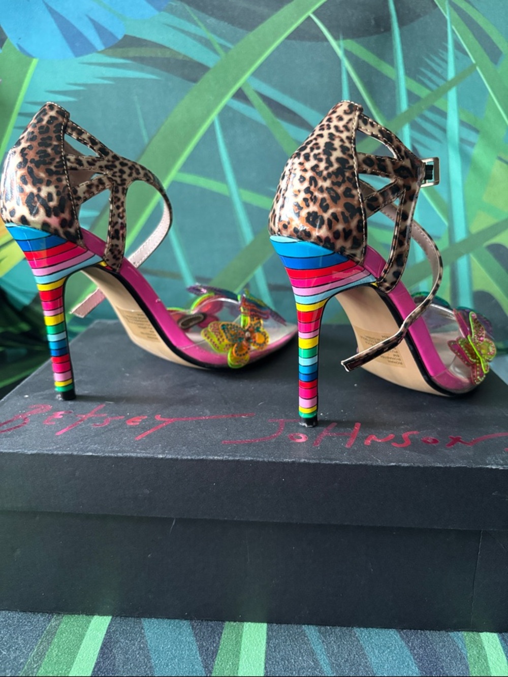 Betsey Johnson Leopard Print Strappy Heels with Rainbow Stripe Heel - Picture 3 of 15